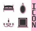 Set Makeup mirror with lights, Big bed, Chandelier and Mirror icon. Vector Royalty Free Stock Photo