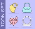 Set Makeup powder with mirror, 8 March in human head, Diamond and Handbag icon. Vector.