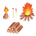 Set for making bonfire in the forest. Watercolor hand drawn illustrations isolated on white background