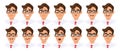 Set of male character`s different facial expression. Collection of young man`s various emotions or emoji. Collage of human.