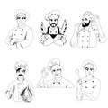 Set of male chefs in different poses male chefs in work coats showing thumbs up gestures beautiful chefs with beards vector