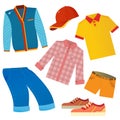 Set of male clothing. Tee shirt, shorts, shirt, jeans, sneakers and baseball cap. Vector illustration for kids
