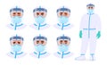 Set of male doctor facial expression with safety protective suit, mask, glasses and face shield. Physician or surgeon wearing PPE