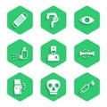 Set Male doctor, Skull, Syringe, Bone pain, Abdominal bloating, Inhaler, Blindness and Medical protective mask icon