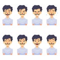 Set of male facial emotions avatar. Hipster man with mustache emoji funny cute character with different expressions