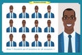 Set of male facial emotions.Black American business man character