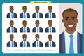 Set of male facial emotions.Black American business man character