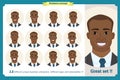 Set of male facial emotions. Black American man emoji character with different expressions. Vector illustration in cartoon style.