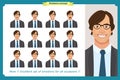 Set of male facial emotions. Business man character with different expressions.Vector flat Royalty Free Stock Photo