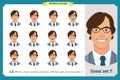 Set of male facial emotions. Flat cartoon character. Businessman in a suit and tie. business people in round icons. Isolated vecto