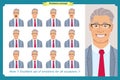 Set of male facial emotions. Business man character with different expressions.Vector flat Royalty Free Stock Photo