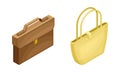 Set of male and female bags. Leather briefcase and handbag isometric vector illustration