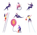 Set of Male and Female Business People Climbing on Ladder, Inflate Balloon with Dollar Sign, Walking on Stilts