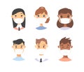 Set of male and female characters. Cartoon style masked people icons. Isolated guys avatars. Flat illustration protected men and