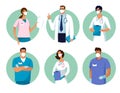 Set of male and female characters of doctors. Surgeons, doctors, nurses. Conceptual illustration, hospital medical team, poster. Royalty Free Stock Photo