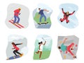 Set Of Male And Female Characters Engage In Extreme Vacation. Men And Women Skiing, Skydiving, Riding Longboard Royalty Free Stock Photo