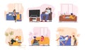 Set Of Male And Female Characters On Their Couches. People Resting at Home. Old Man Watching Tv, Mother Comforting Child