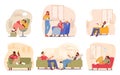 Set Of Male And Female Characters On Their Couches. Young, Senior And Adult People Lounging, Drinking Wine