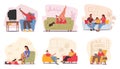 Set Of Male And Female Characters On Their Couches. Young And Senior People Watching Tv, Fitting Shoes, Vector