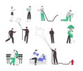 Set of Male and Female Characters Using Gadgets, Firefighters Fighting with Fire, Couple Walking under Umbrella