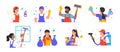 Set of male and female cleaning company staff characters are cleaning houses and other premises on white background Royalty Free Stock Photo