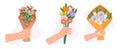 Set Male And Female Hands Holding Flower Bouquets Isolated On White Background. Gift For Holiday Celebration Royalty Free Stock Photo