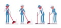 Set of male and female janitor sweeping the floor Royalty Free Stock Photo