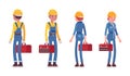 Set of male and female worker standing, rear and front view Royalty Free Stock Photo