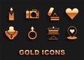 Set Male gender symbol, Heart, Location with heart, Cake plate, Necklace mannequin, Wedding rings, Burning candle and