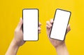 Set of Male hand holding the black smartphone with blank screen isolated on yellow background with clipping path. Royalty Free Stock Photo