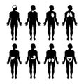 A set of male silhouettes.Human body internal organs circulatory nervous and skeletal systems anatomy and physiology flat educativ