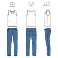 Set of male vest, jeans, baseball cap. Royalty Free Stock Photo