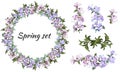 Set of Malva sylvestris flowers on a white background. Floral wreath of delicate purple and pink flowers to decorate cards,