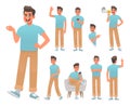 Set of man character in various poses and actions. Happy guy speaks, greets, points and walks Royalty Free Stock Photo