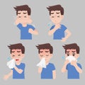 Set of man with different diseases symptoms - sneeze, snot, cough, fever, sick, ill