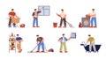 Set of man doing household chores, flat vector illustration isolated on white background. Royalty Free Stock Photo