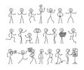 Set of man drawing, different poses, stick figure people pictogram. Freehand drawing. Vector illustration. Isolated on white backg Royalty Free Stock Photo