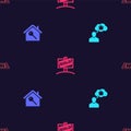 Set Man dreaming about buying house, House with key, Hanging sign Sold and plan on seamless pattern. Vector Royalty Free Stock Photo