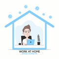 Work at home to prevent coronavirus. Man works at home on a laptop during quarantine or self-isolation. Vector