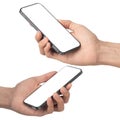 Set of man hand holding the black smartphone with blank screen isolated on white background with clipping path Royalty Free Stock Photo