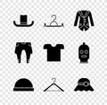 Set Man hat, Hanger wardrobe, Blazer or jacket, Beanie, Elegant women, Pants and T-shirt icon. Vector