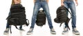 Set man legs feet jeans sneakers with backpack Royalty Free Stock Photo