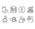 Man love, Find user and Cv documents icons. Teamwork results, Hold smartphone and Messages signs.