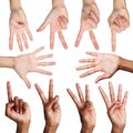 Set of man`s hands. Diverse male hands show figures, counting Royalty Free Stock Photo