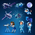 Set man and woman astronauts with a flag,dog. Girl looking into telescope. Cosmonaut cute cartoon characters. Spaceships