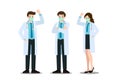 A set of man and woman cheerful poses doctor who wear mask & lab coat, holding a clipboard and talk or presentation about corona v