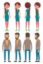 Set of man and wooman characters front, side, back view. Bearded man in a shirt, young girl in dress