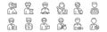 set of 12 man worker avatar icons. outline thin line icons such as basketball player, nutritionist, programmer, biochemist, pilot