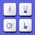 Set Mandolin, Guitar neck, Drum with drum sticks and Saxophone icon. White square button. Vector Royalty Free Stock Photo