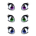 Set of manga, anime style eyes in green, blue and lilac colors Royalty Free Stock Photo